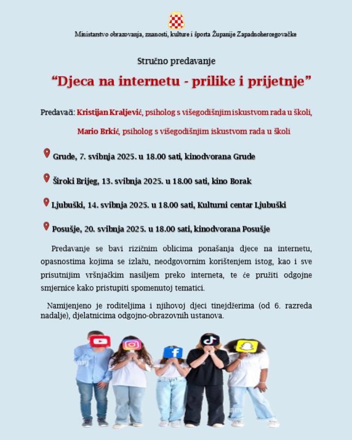Najava stručnog predavanje “Djeca na internetu – prilike i prijetnje”